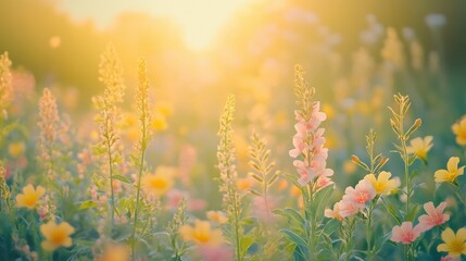 Field of flowers, sunshine, bloom, plants, pink, yellow, and green colors