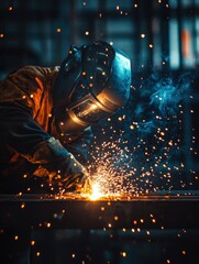 Welder in action sparks flying in dark workshop illuminated by intense cinematic lighting