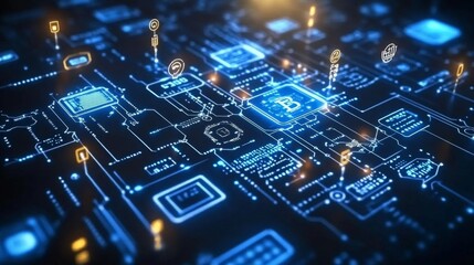 Glowing Blue And Gold Circuit Board Network Technology