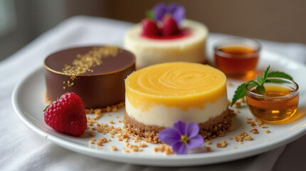Three visually appealing cheesecakes in different flavors are arranged on a white plate, accompanied by fresh raspberries and small cups of sauce. Each cheesecake is topped with garnish