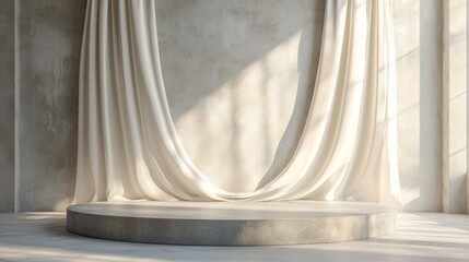 Beige Drapes and Stone Podium Minimalist Scene