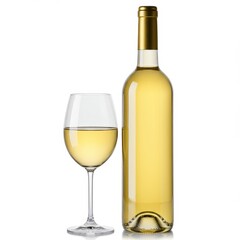 Fototapeta premium White wine bottle and filled glass standing isolated on white background