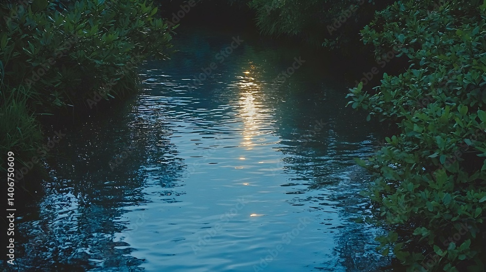Poster serene twilight scene of a tranquil stream reflecting the soft glow of sunlight filtering through th