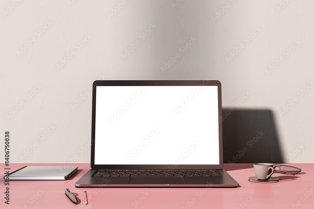 Poster blank screen laptop mockup on pink desk with coffee, glasses and notebook in soft light office inter