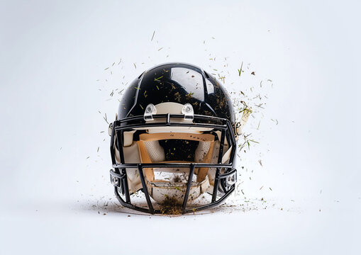 Impact force sends grass flying from a black football helmet during a powerful tackle in a sports event, showcasing dynamic action and intensity in American football