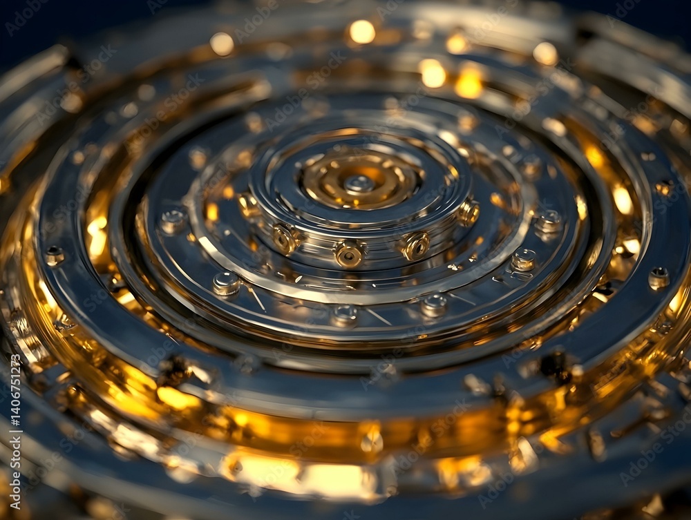 Aufkleber abstract metallic mechanism with gold accents. close-up view of intricate rotating rings and gears.