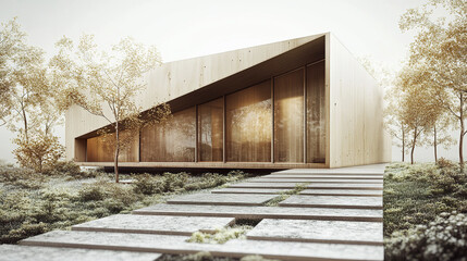 Fototapeta premium Modern wooden house with large windows and minimalist design