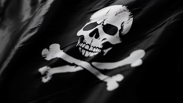 Background animation wallpaper of classic black pirate flag with skull and crossbones symbol blowing in the wind
