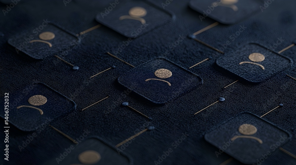 Poster abstract network of interconnected dark blue square icons representing people, symbolizing social co