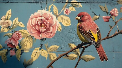 Finch resting near an urban mural painted on the side of a residential building 