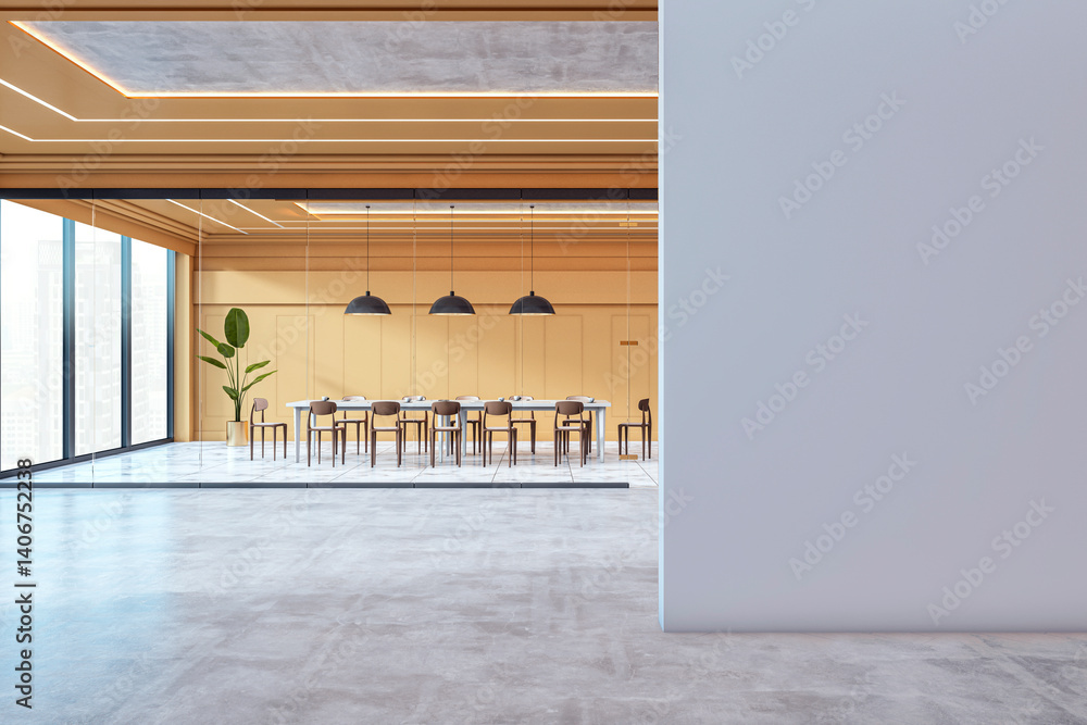 Poster modern office interior with blank wall space for mockup display and conference room view through gla
