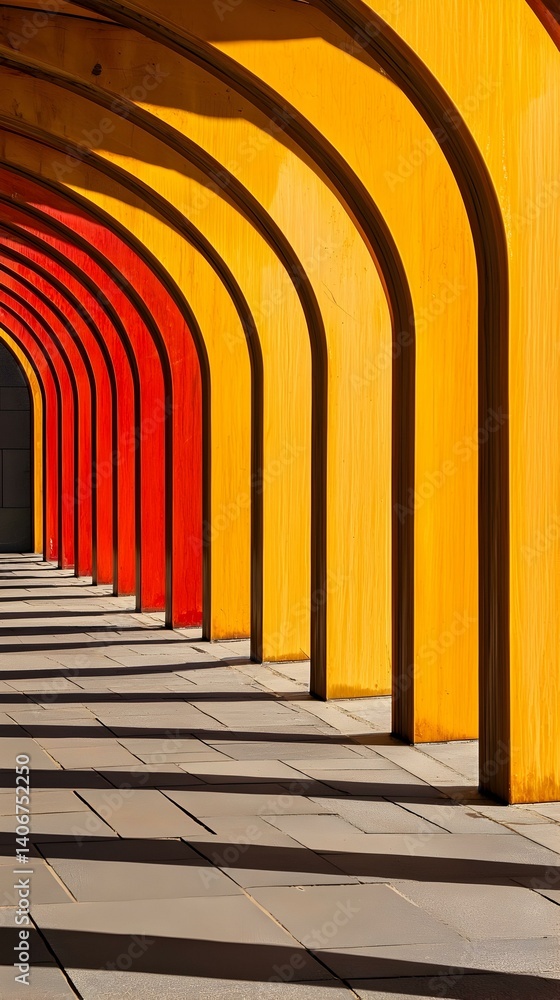 Poster abstract architectural image of colorful arches casting shadows on a paved walkway.