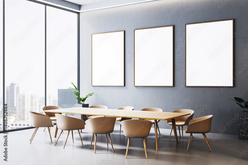 Poster Modern conference room interior with blank poster frames on wall and city view through large windows, perfect for design or branding mockup display. 3D Rendering