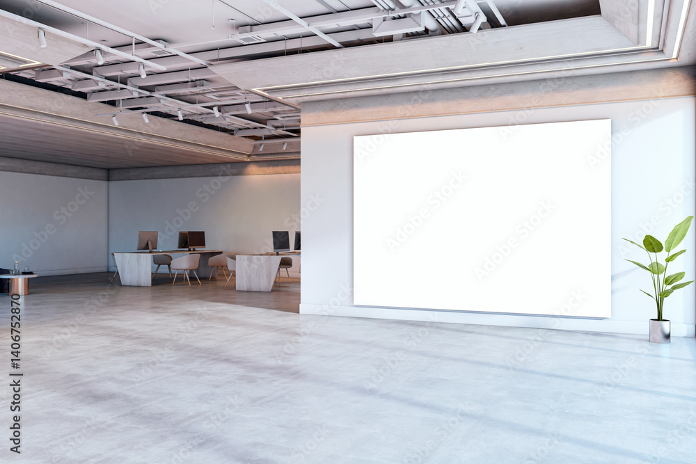 Poster modern office interior with blank white canvas on wall for mockup display and minimal furniture arra