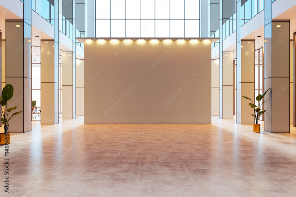 Poster Modern interior room with large blank wall for mockup display in bright contemporary building with natural light and elegant design elements. 3D Rendering