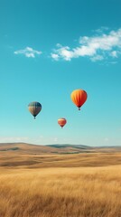 Fototapeta premium Three hot air balloons soaring over a vast, golden field under a vibrant blue sky.