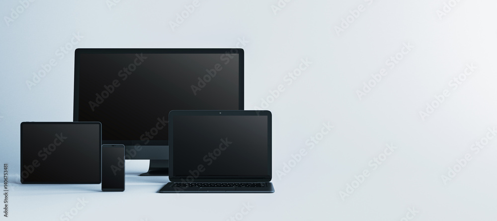 Poster Digital device mockup layout with monitor, laptop, tablet and smartphone on clean light background for modern interface presentation template. 3D Rendering
