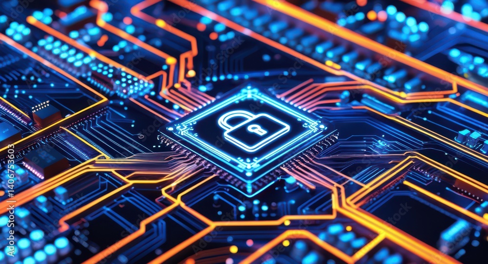 Poster cyber security technology concept padlock on microchip circuit board for digital data protection sys