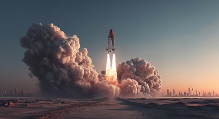 Rocket Launch Scene with Fiery Exhaust in Arid Terrain – 3D Rendering of Space Mission near Urban Skyline