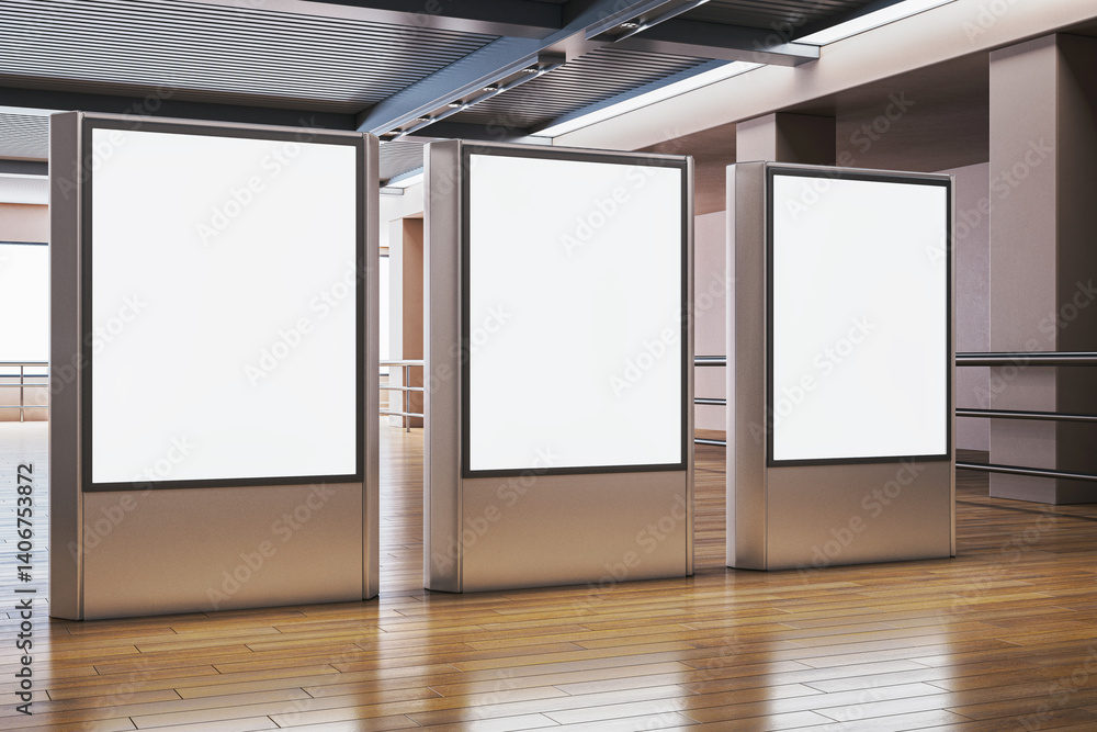 Poster blank indoor advertising display boards in modern office setting with wooden floor and ceiling light