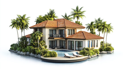 Fototapeta premium Luxurious resort style house with pool surrounded by palm trees