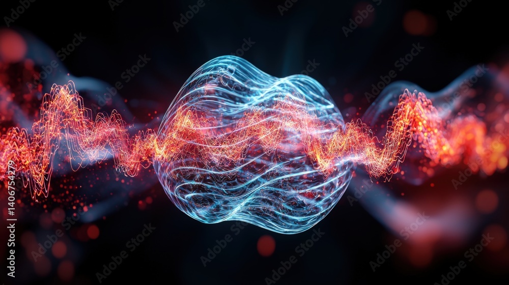 Poster dynamic energy waves visualizing sound patterns digital art abstract dark environment close-up view 