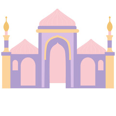 Colorful flat vector illustration of an Islamic mosque with domes and minarets in soft pastel colors. Ideal for Ramadan, Eid, or Islamic-themed decorative and educational projects.