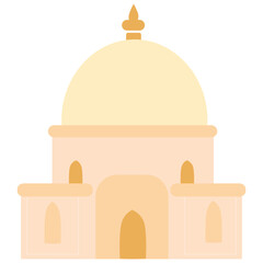 Flat vector illustration of a mosque with two tall minarets and a central blue dome topped with a crescent moon. Perfect for Ramadan, Eid, or Islamic cultural and religious themed designs.