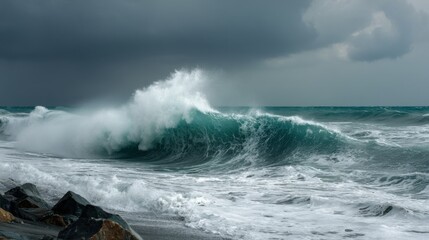 Obraz premium Turbulent ocean waves surge towards a rocky beach, their foamy crests highlighted against a moody, overcast sky. The scene captures nature's raw intensity and beauty