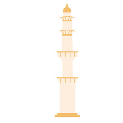 A flat vector illustration of a tall, narrow minaret, typically found as part of a mosque. This structure is traditionally used to issue the call to prayer in Islamic culture.