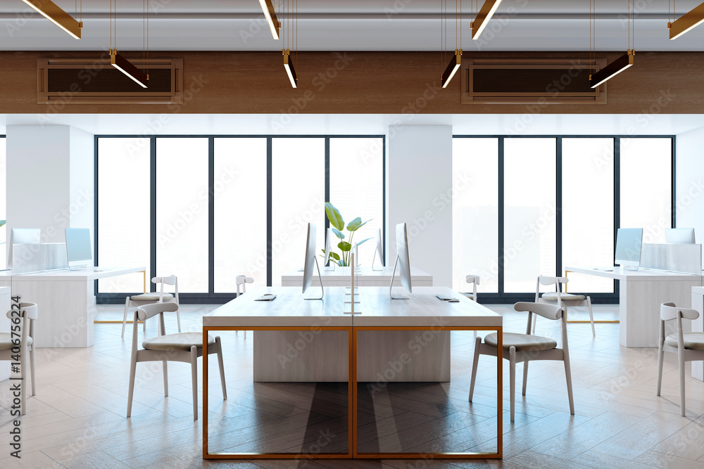 Poster Modern open space office interior with minimalist furniture and floor-to-ceiling windows in a clean business environment. 3D Rendering