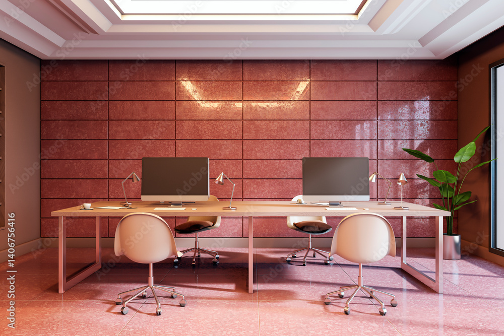 Poster modern office interior with dual desks, sleek chairs, and computers against a red paneled wall and s