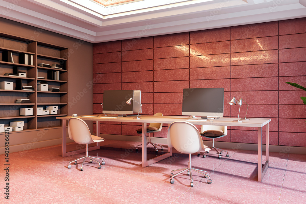 Poster modern office interior with shared workstations, pink tiled floor, and built-in bookshelf in a conte