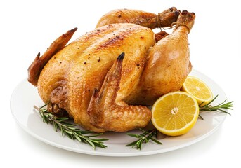Whole roasted chicken with herbs and lemon garnish on white plate isolated on white background