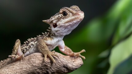 Fototapeta premium Bearded dragon lizard perched on branch nature setting wildlife photography close-up view