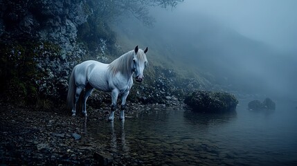 Majestic white horse standing in misty water serene landscape nature photography calm environment ethereal viewpoint