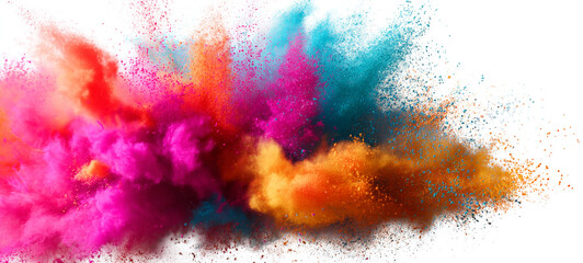 Fototapeta premium Multicolored Holi powder explosion on a white background. Panoramic view. Vibrant Splash of Rainbow Paint on White Background. Beautiful swirling colorful smoke. 