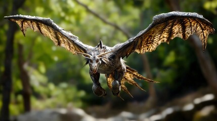 Epic dragon flight over enchanted forest fantasy illustration dynamic scene lush environment aerial perspective