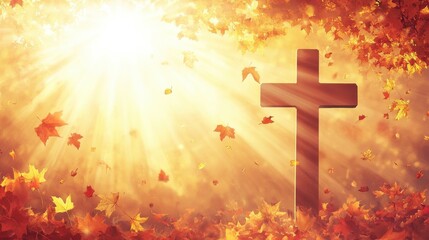 Christian cross with sunlight on autumn leaves background illustration