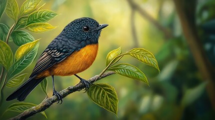 Fototapeta premium Small bird with orange and blue plumage perched on a branch in a lush green forest setting.