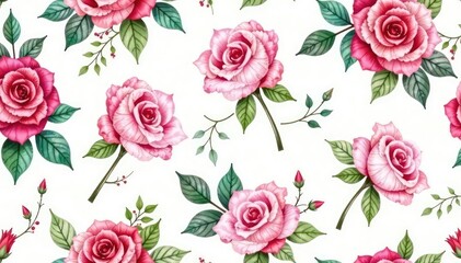 Delicate watercolor roses and leaves in a repeating pattern , pattern, nature