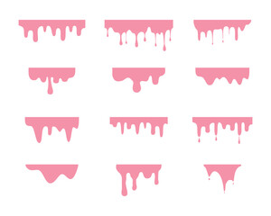 A set of flowing melted strawberry cream. Liquid drips or liquid sauce drop. Melted paint drips or flowing sweet cream isolated on white background.