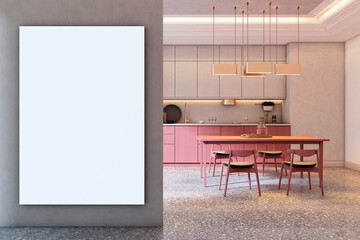 Vertical blank canvas mockup on gray wall in elegant modern kitchen interior with pink furniture, pendant lights, and stone floor. 3D Rendering