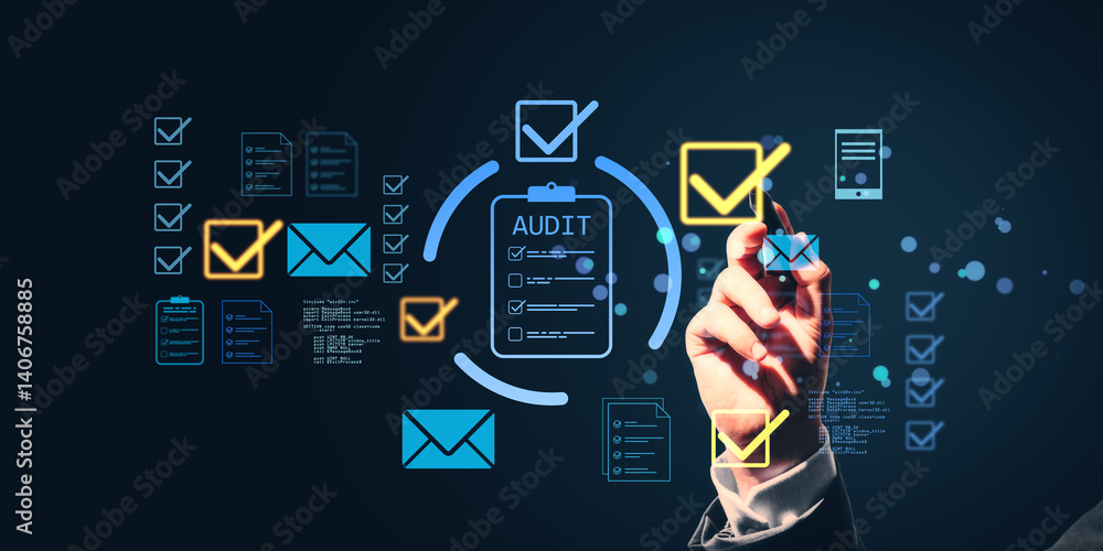 Poster business audit checklist with digital icons, person hand interacting with interface, glowing checkma