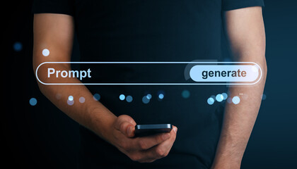 Person holding smartphone with digital interface showing prompt and generate buttons on dark...