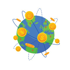 Global Economy Currency vector illustration. Flat Vector Conceptual Illustration of Global Money Exchange, Foreign Currency Trading. Currency exchange, international money transfer or foreign exchange