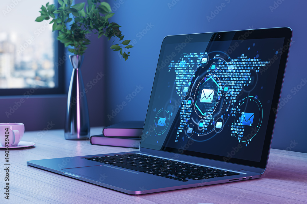Poster digital email communication concept with laptop on office desk showing glowing envelope icons on wor