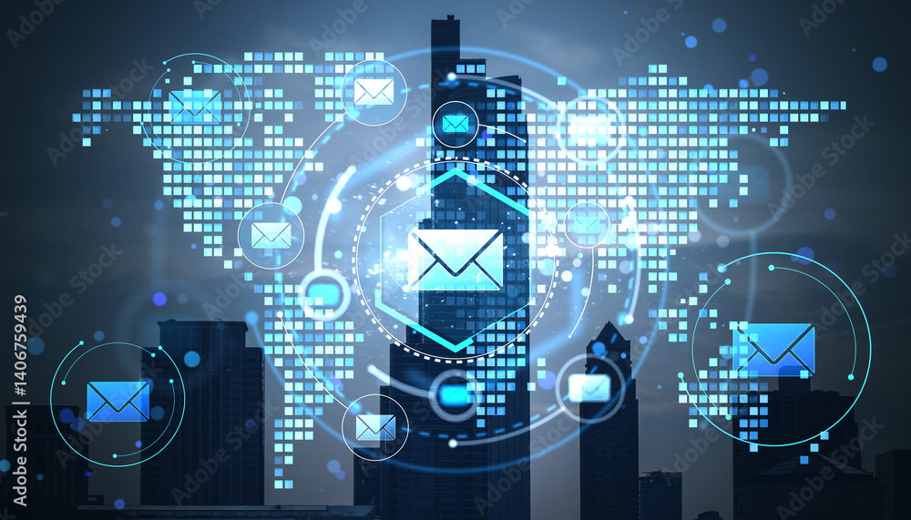 Poster digital email communication concept shown through double exposure of cityscape with holographic enve