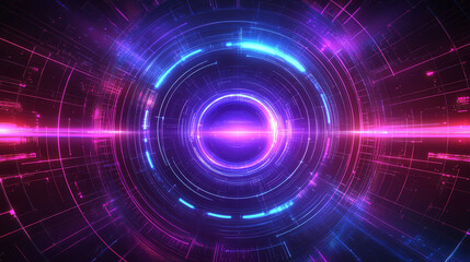 Obraz premium Abstract cyberpunk background with neon grid lines, holographic elements, and glowing particles in dark purple & electric blue. Futuristic, high-tech digital art for sci-fi projects.