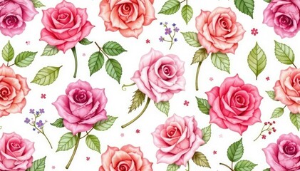 Delicate watercolor roses in soft pastel hues, forming a repeating pattern , floral, leaves, bud